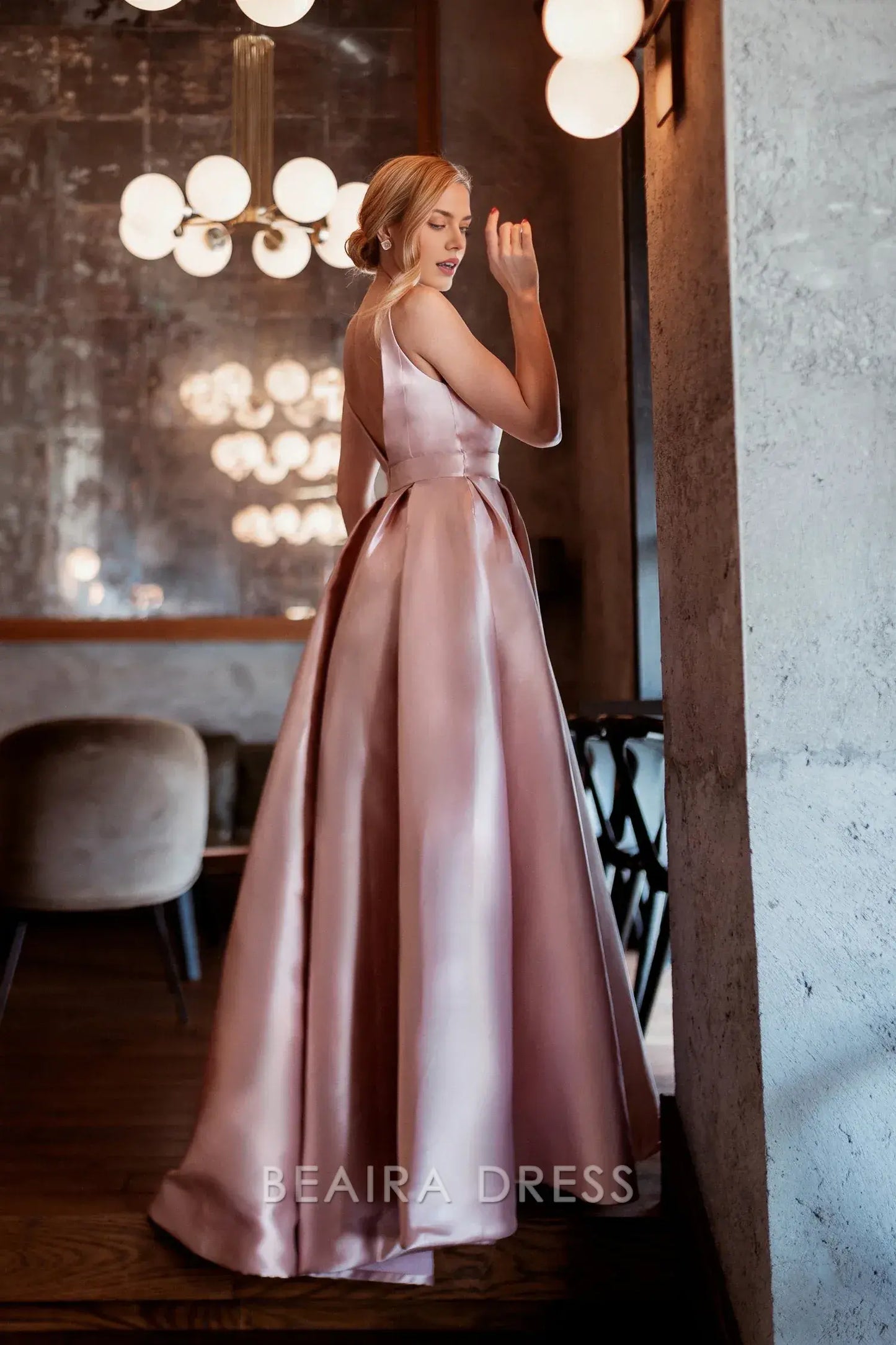 Elegant A-Line Deep V - Neck Satin Maxi Dress with Side Slit and Belt Prom Dress