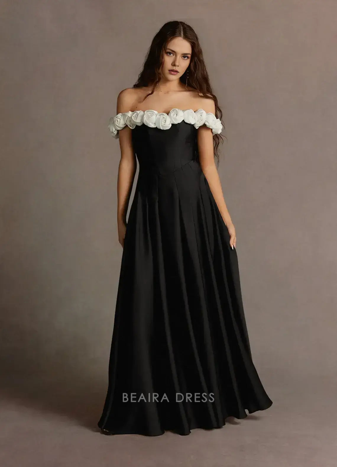 Elegant A-Line Off - Shoulder Floral Appliqué Satin Maxi Dress Prom Dress