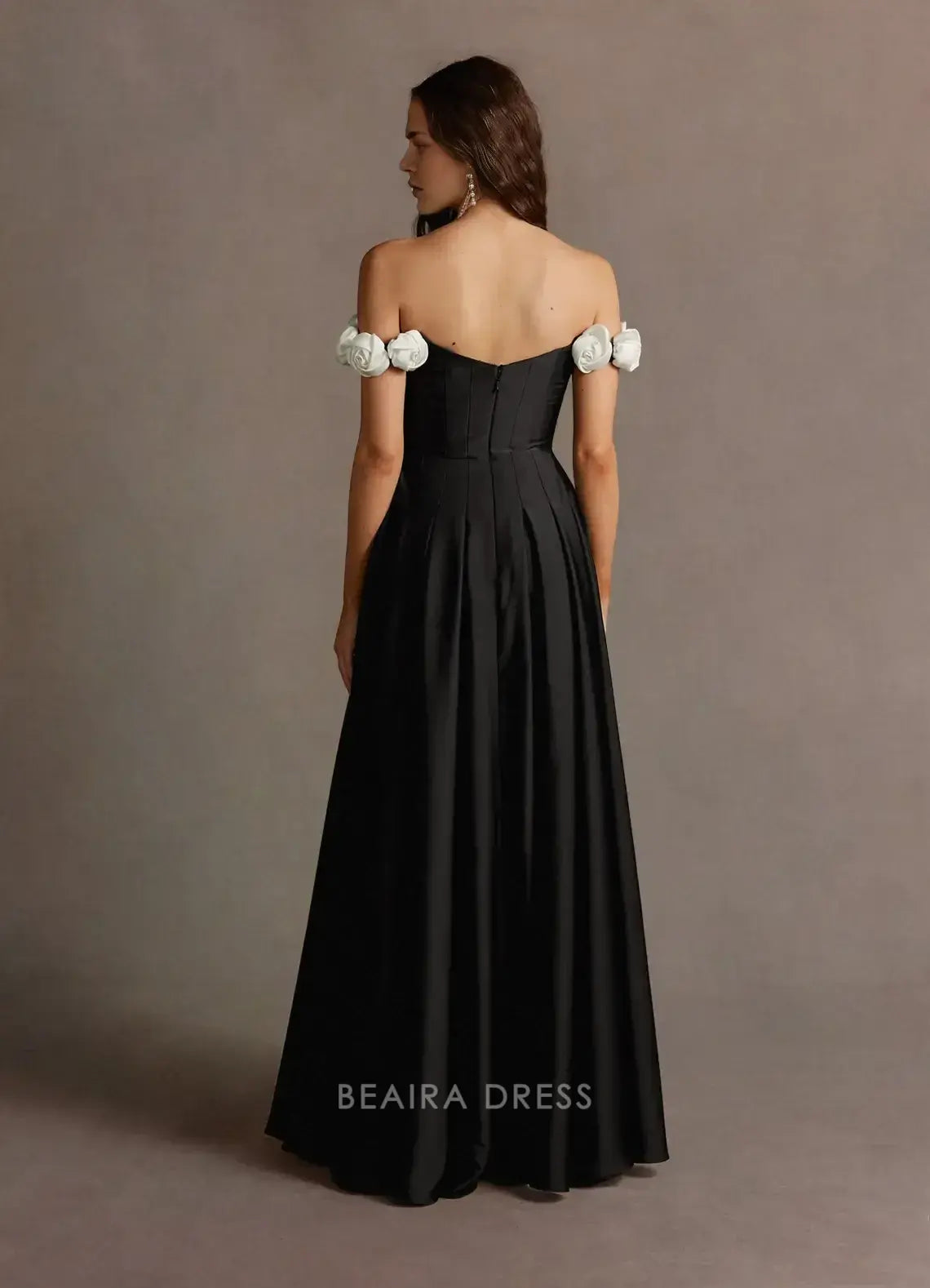 Elegant A-Line Off - Shoulder Floral Appliqué Satin Maxi Dress Prom Dress