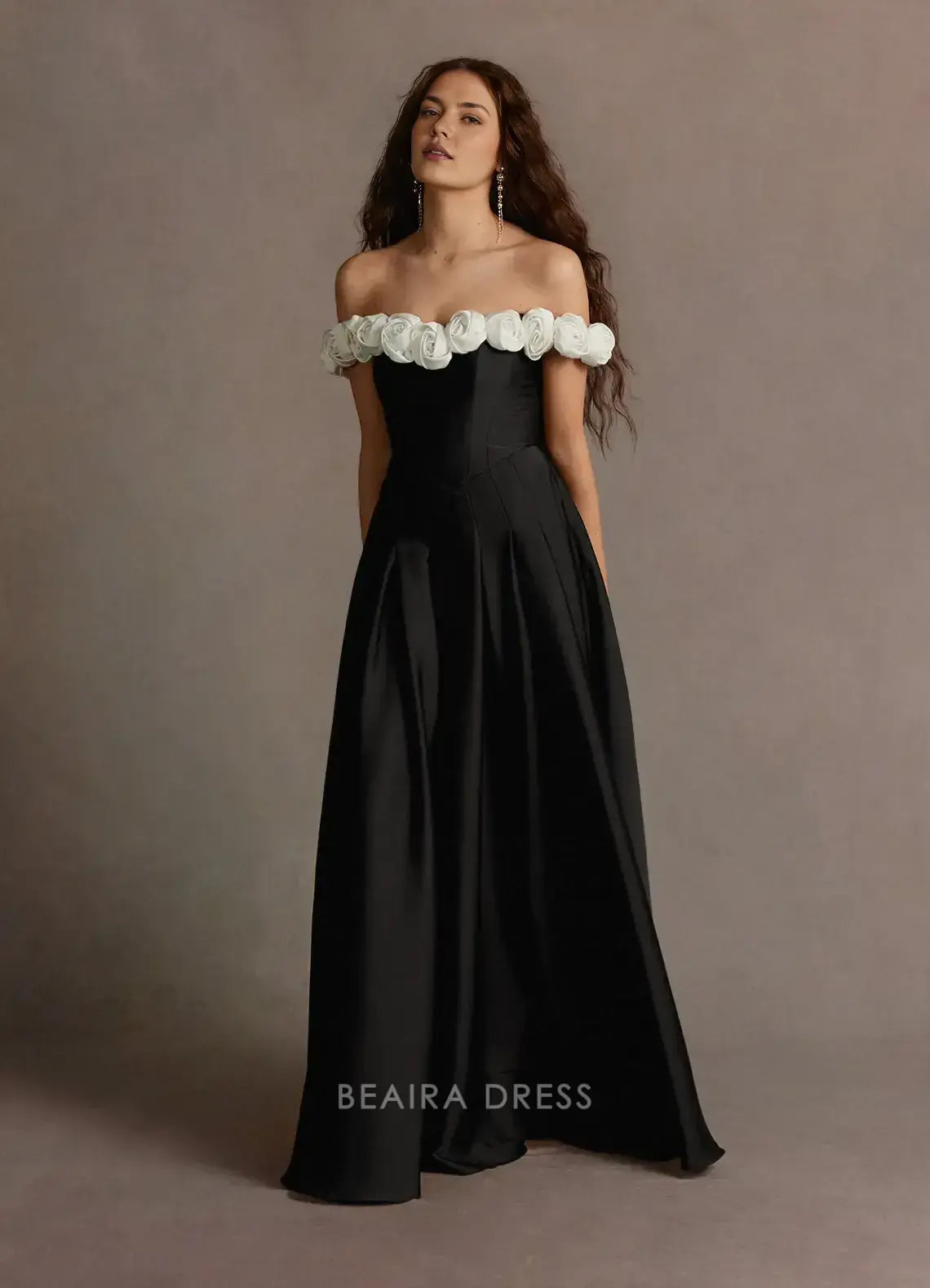 Elegant A-Line Off - Shoulder Floral Appliqué Satin Maxi Dress Prom Dress