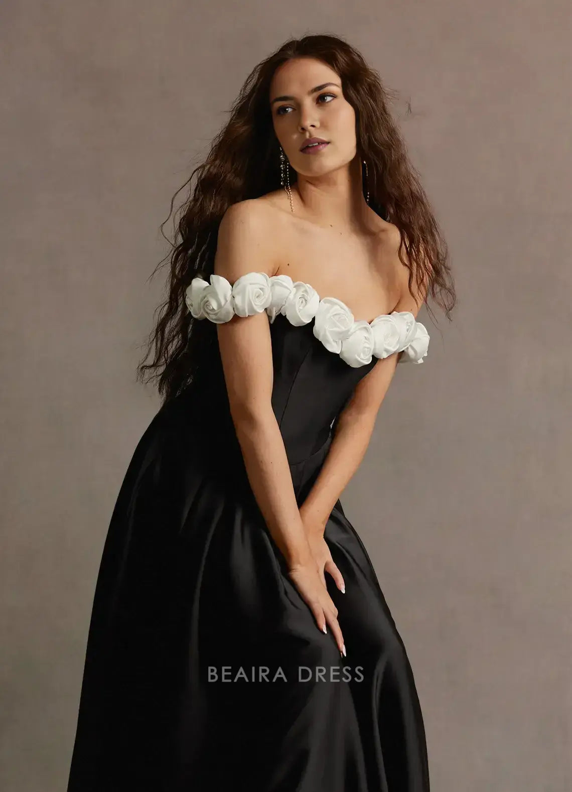 Elegant A-Line Off - Shoulder Floral Appliqué Satin Maxi Dress Prom Dress