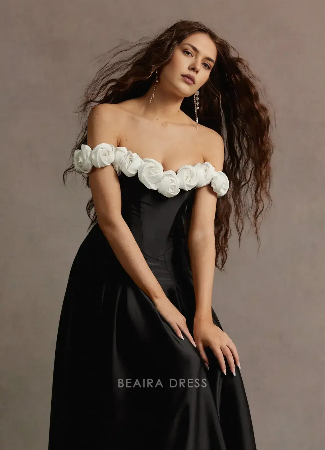 Elegant A-Line Off - Shoulder Floral Appliqué Satin Maxi Dress Prom Dress