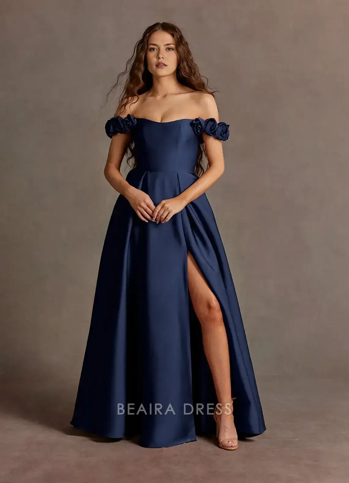 Elegant A-Line Off - Shoulder Floral Detail Maxi Dress with Side Slit Prom Dress