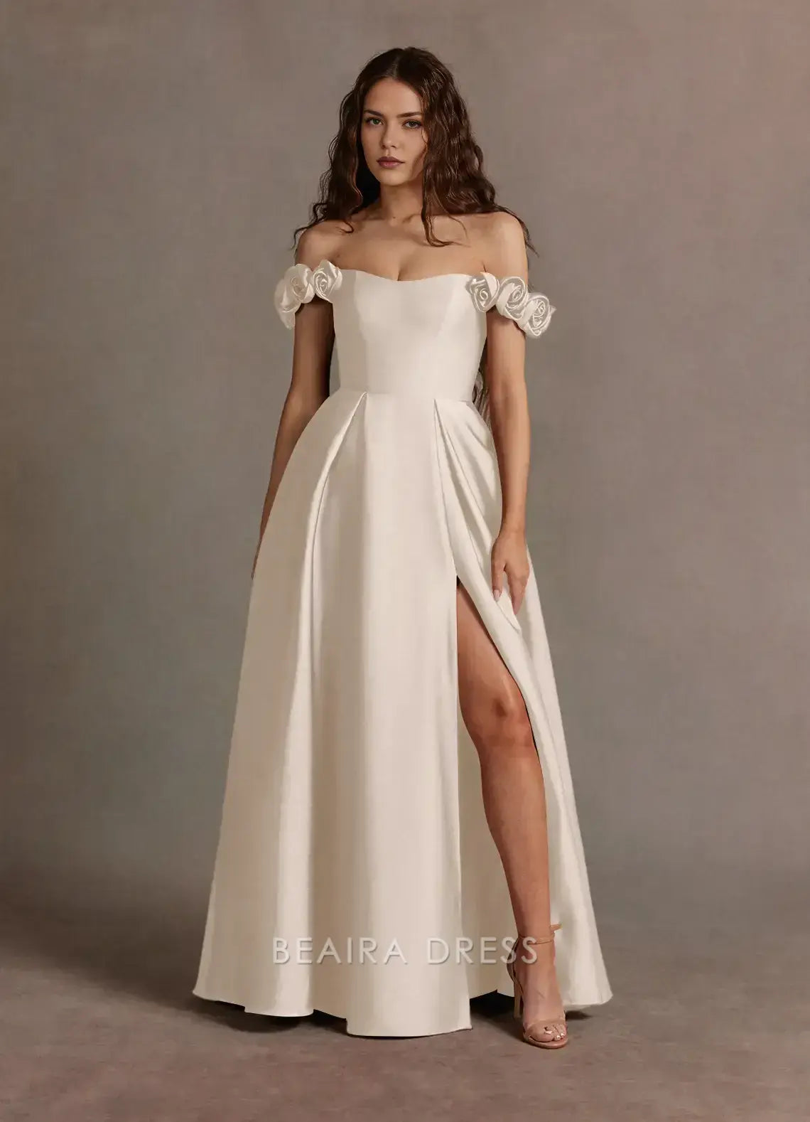 Elegant A-Line Off - Shoulder Floral Detail Maxi Dress with Side Slit Prom Dress