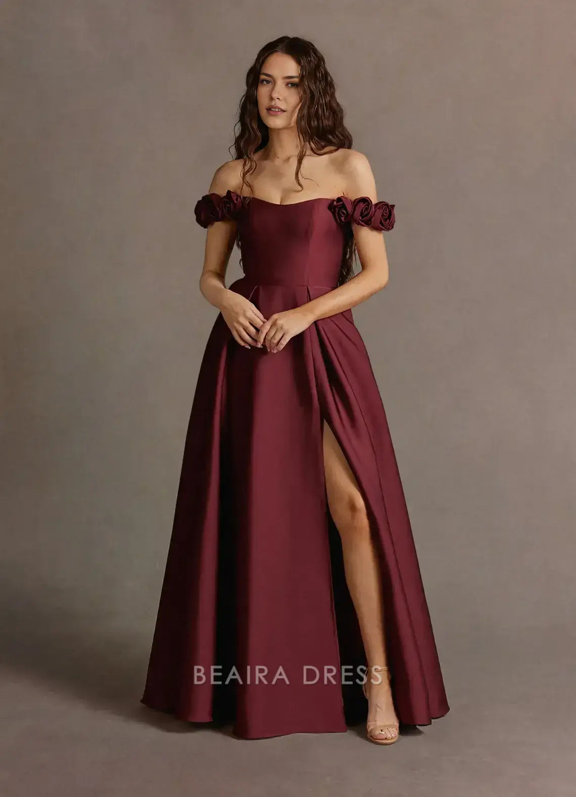 Elegant A-Line Off - Shoulder Floral Detail Maxi Dress with Side Slit Prom Dress