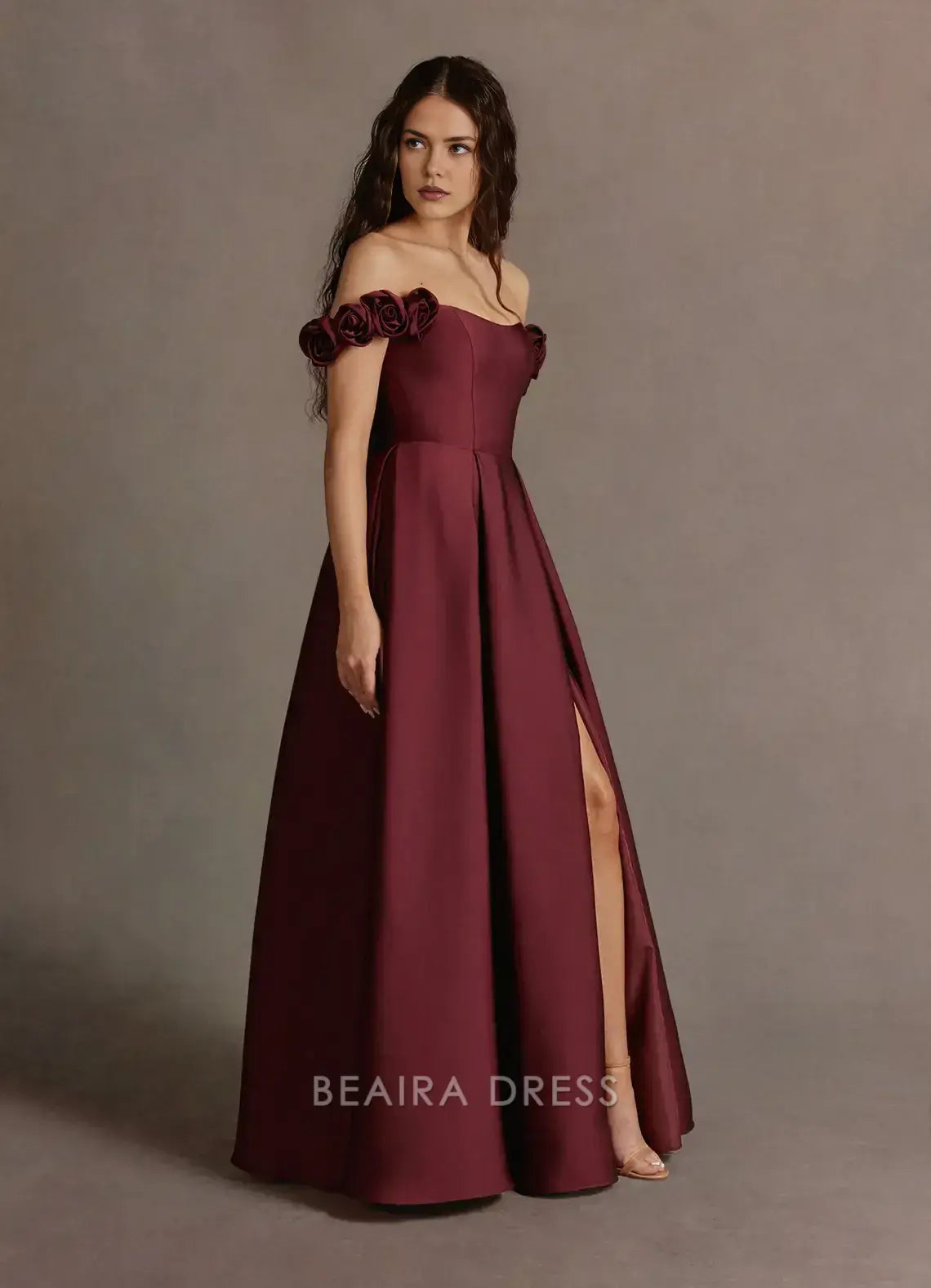 Elegant A-Line Off - Shoulder Floral Detail Maxi Dress with Side Slit Prom Dress