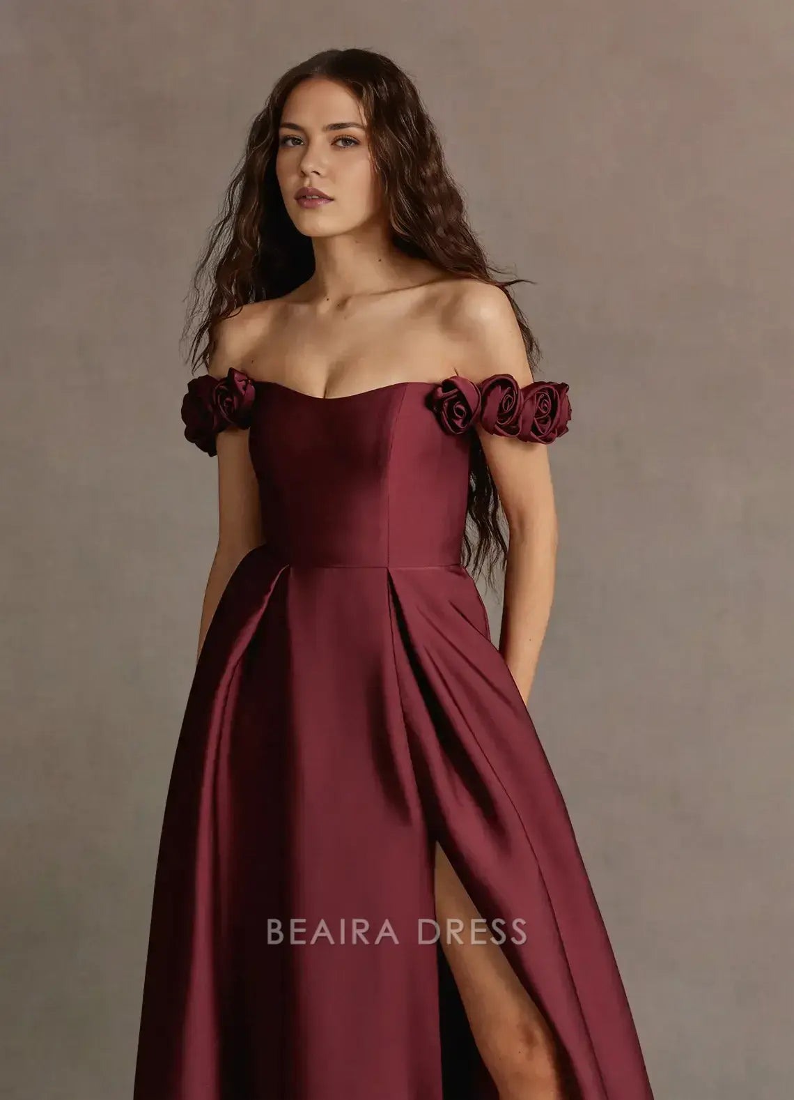 Elegant A-Line Off - Shoulder Floral Detail Maxi Dress with Side Slit Prom Dress