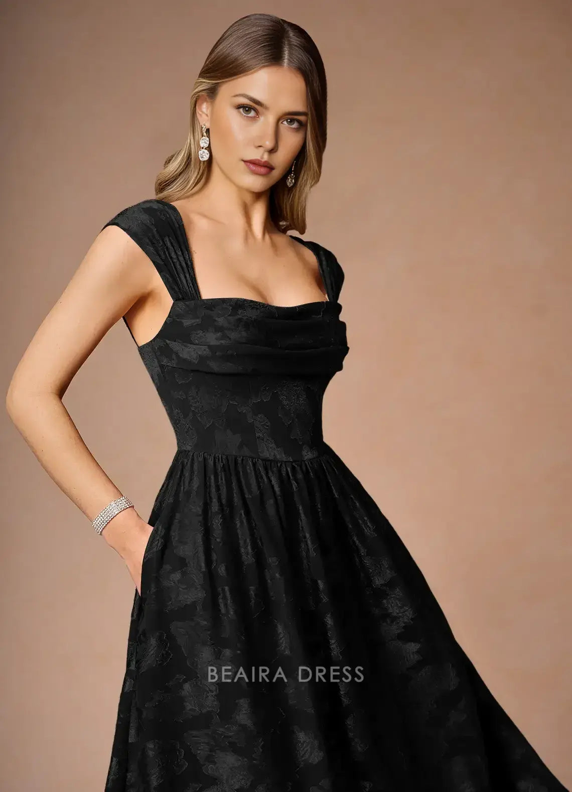 Elegant A-Line Off - Shoulder Floral Jacquard Maxi Dress with Lace - Up Back Prom Dress
