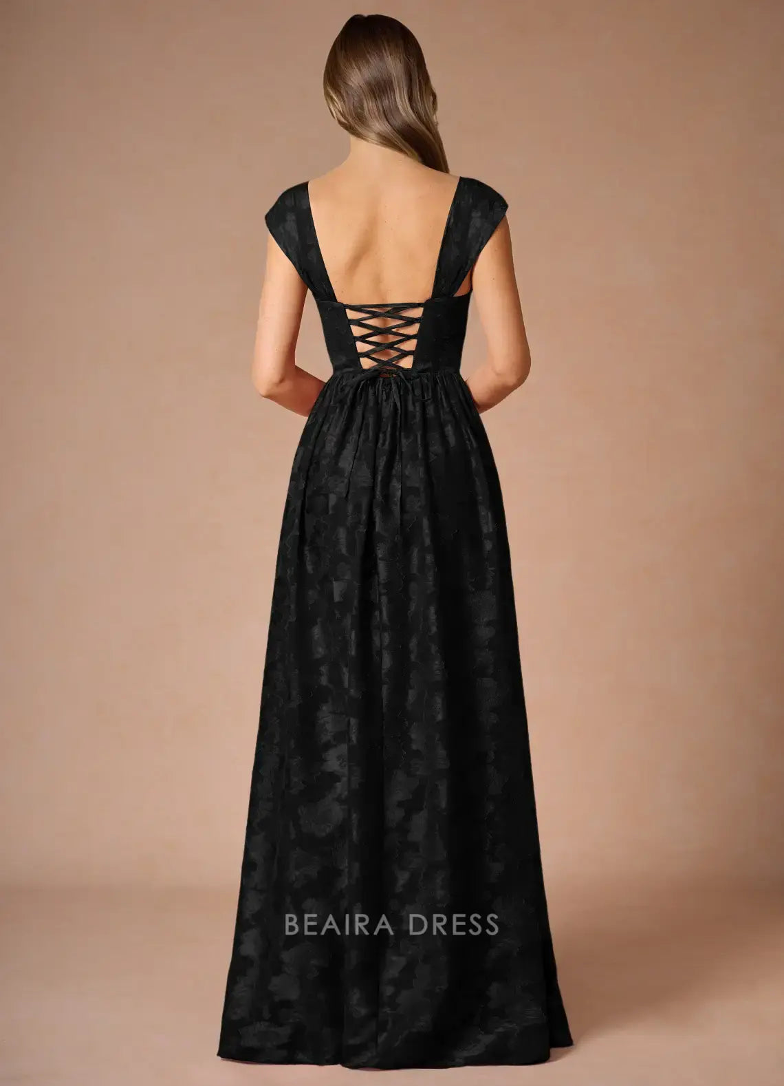 Elegant A-Line Off - Shoulder Floral Jacquard Maxi Dress with Lace - Up Back Prom Dress