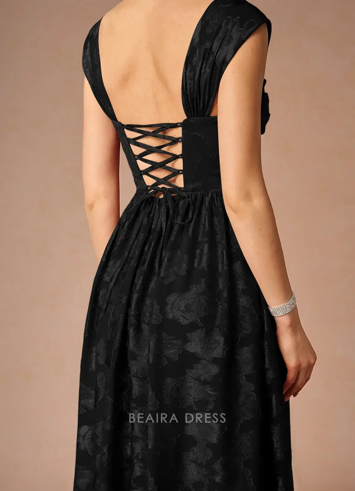 Elegant A-Line Off - Shoulder Floral Jacquard Maxi Dress with Lace - Up Back Prom Dress