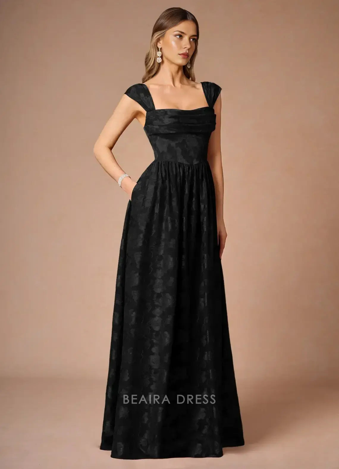 Elegant A-Line Off - Shoulder Floral Jacquard Maxi Dress with Lace - Up Back Prom Dress