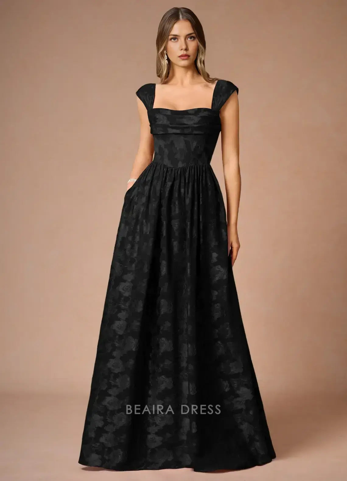 Elegant A-Line Off - Shoulder Floral Jacquard Maxi Dress with Lace - Up Back Prom Dress