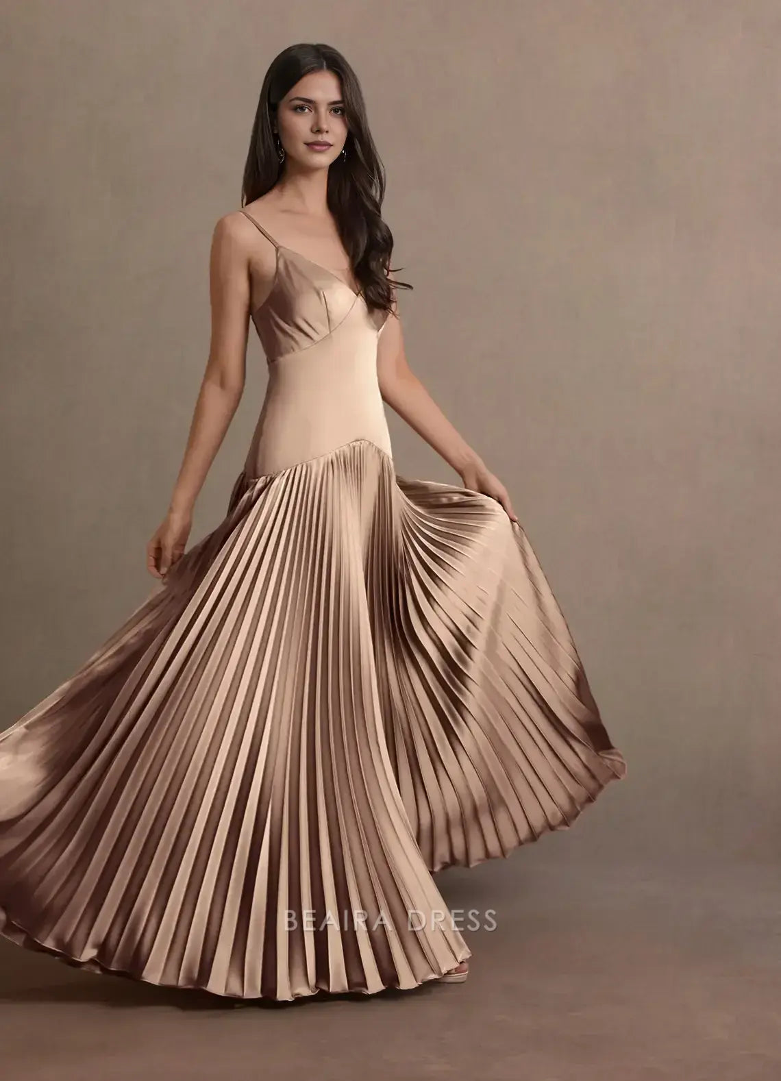 Elegant A-Line Spaghetti Strap Pleated Floor-Length Maxi Dress Prom Dress