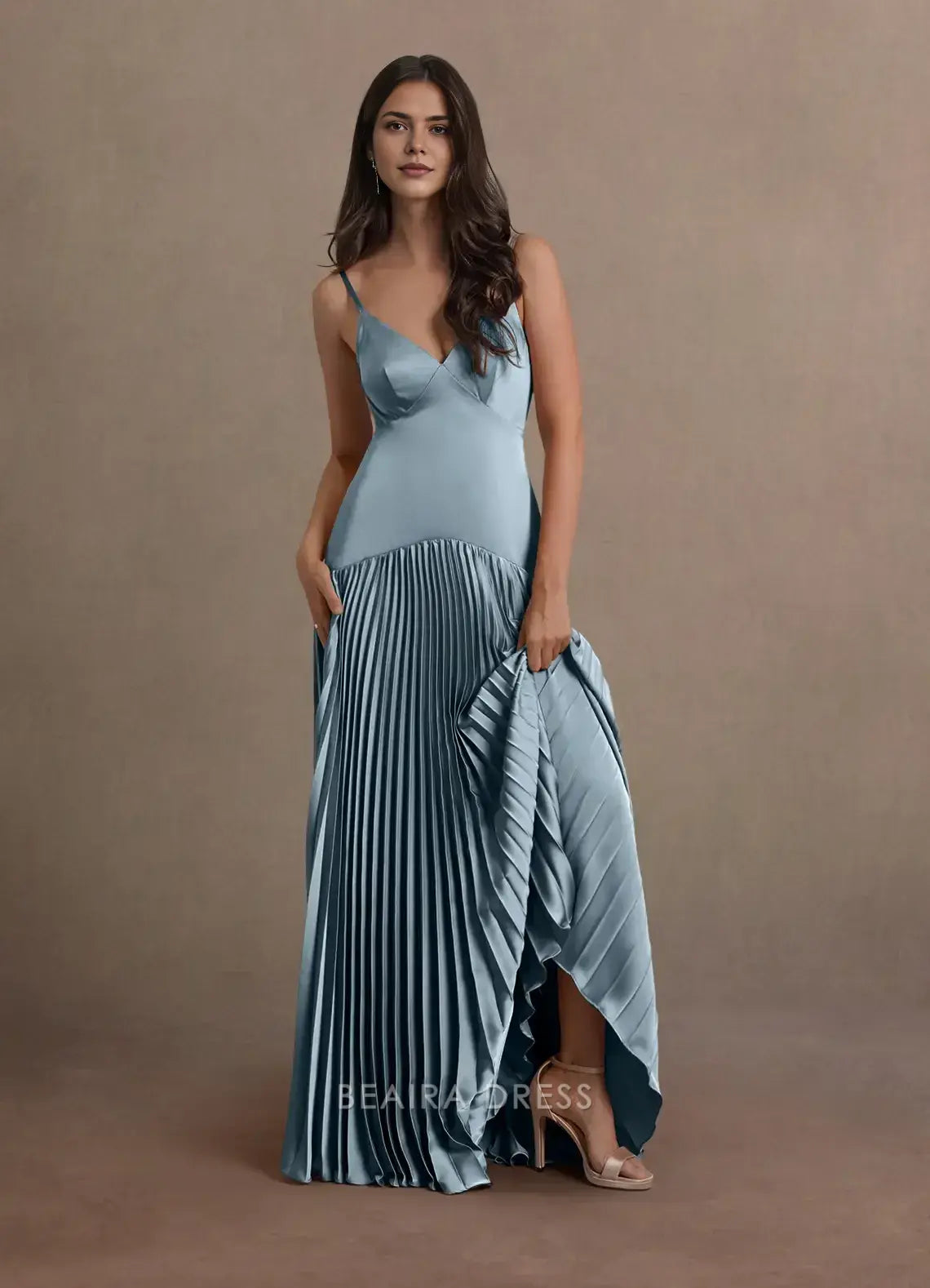 Elegant A-Line Spaghetti Strap Pleated Floor-Length Maxi Dress Prom Dress
