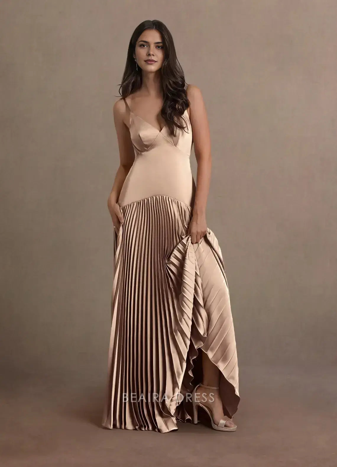 Elegant A-Line Spaghetti Strap Pleated Floor-Length Maxi Dress Prom Dress