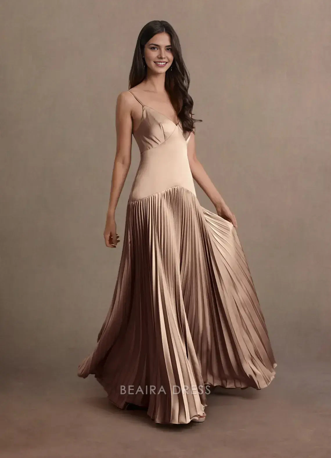 Elegant A-Line Spaghetti Strap Pleated Floor-Length Maxi Dress Prom Dress