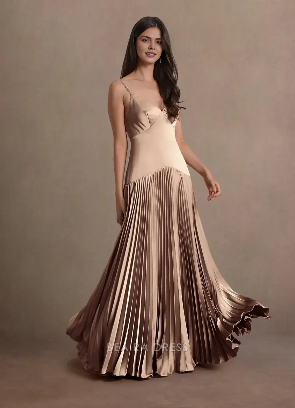 Elegant A-Line Spaghetti Strap Pleated Floor-Length Maxi Dress Prom Dress