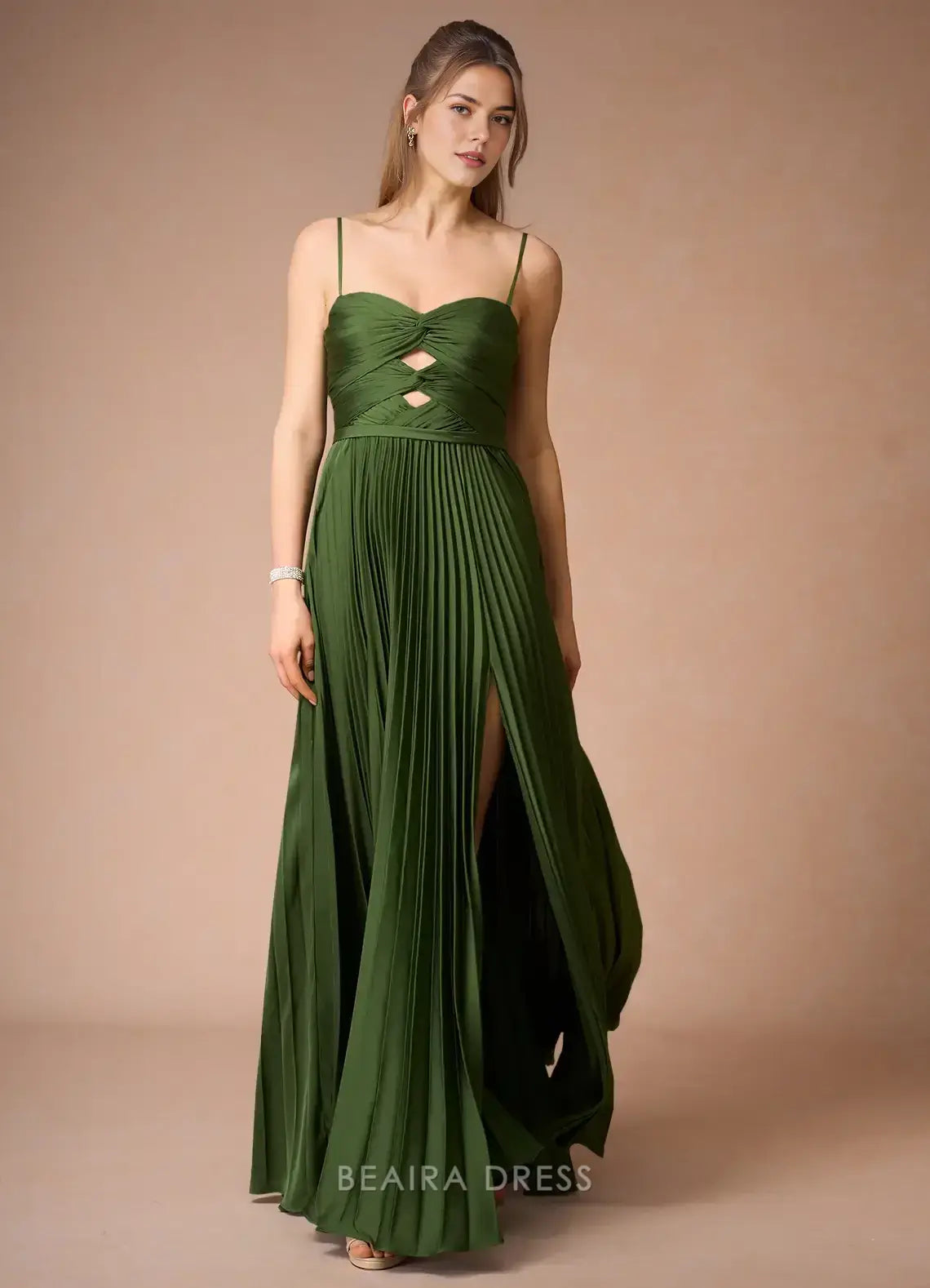 Elegant A-Line Spaghetti Strap Pleated Maxi Dress with Cutout Detail Prom Dress