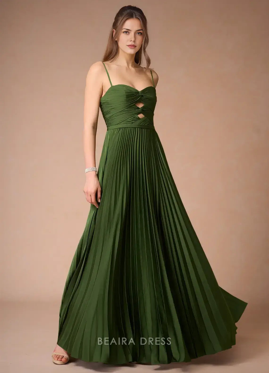 Elegant A-Line Spaghetti Strap Pleated Maxi Dress with Cutout Detail Prom Dress