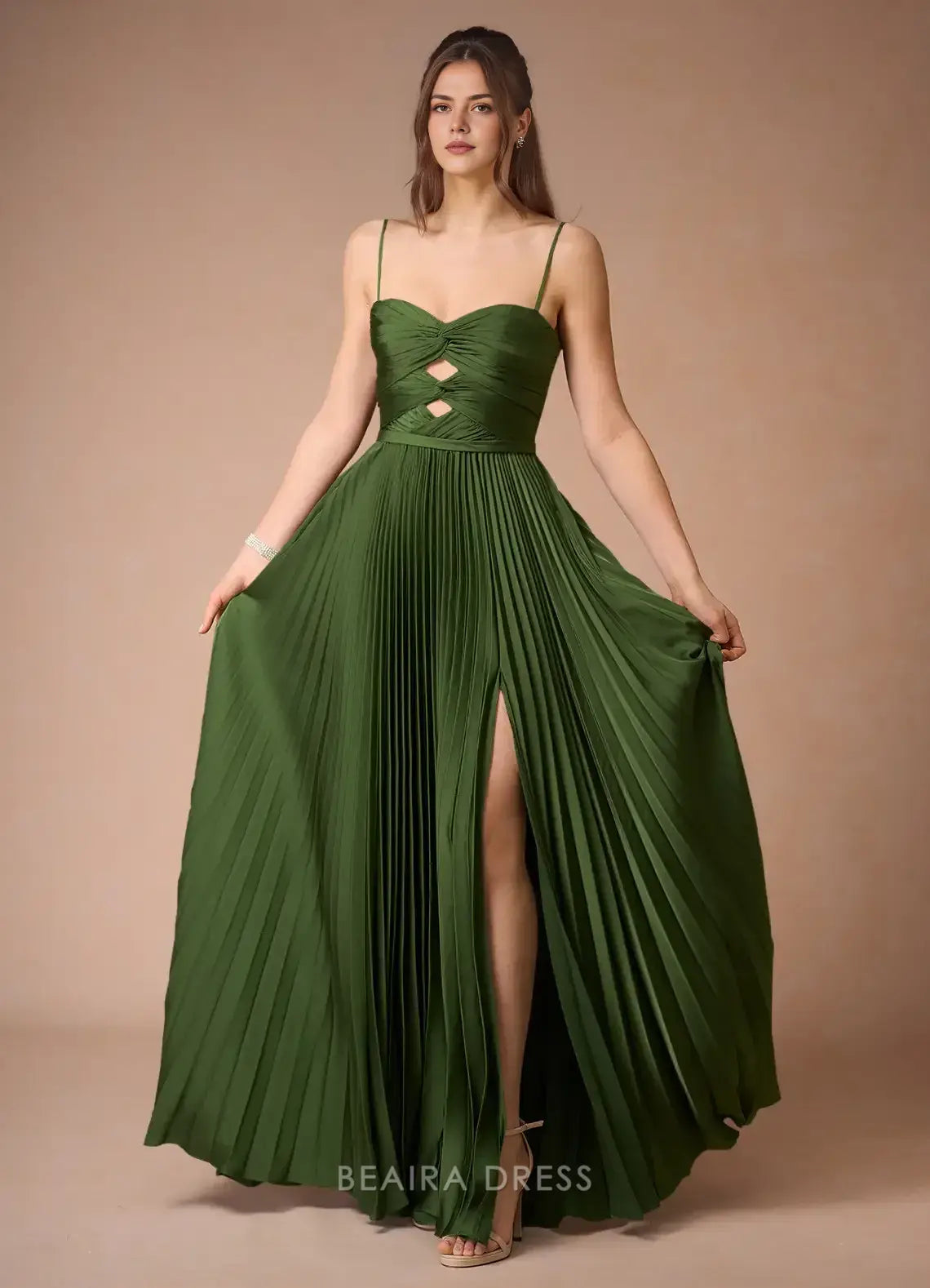 Elegant A-Line Spaghetti Strap Pleated Maxi Dress with Cutout Detail Prom Dress