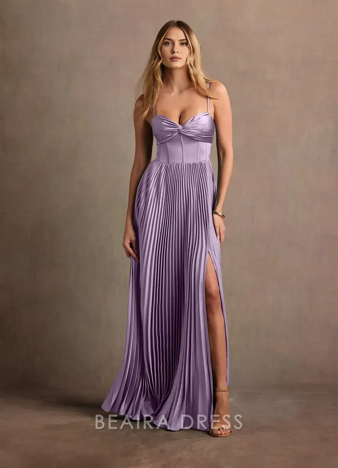 Elegant A-Line Spaghetti Strap Pleated Maxi Dress with Side Slit Prom Dress