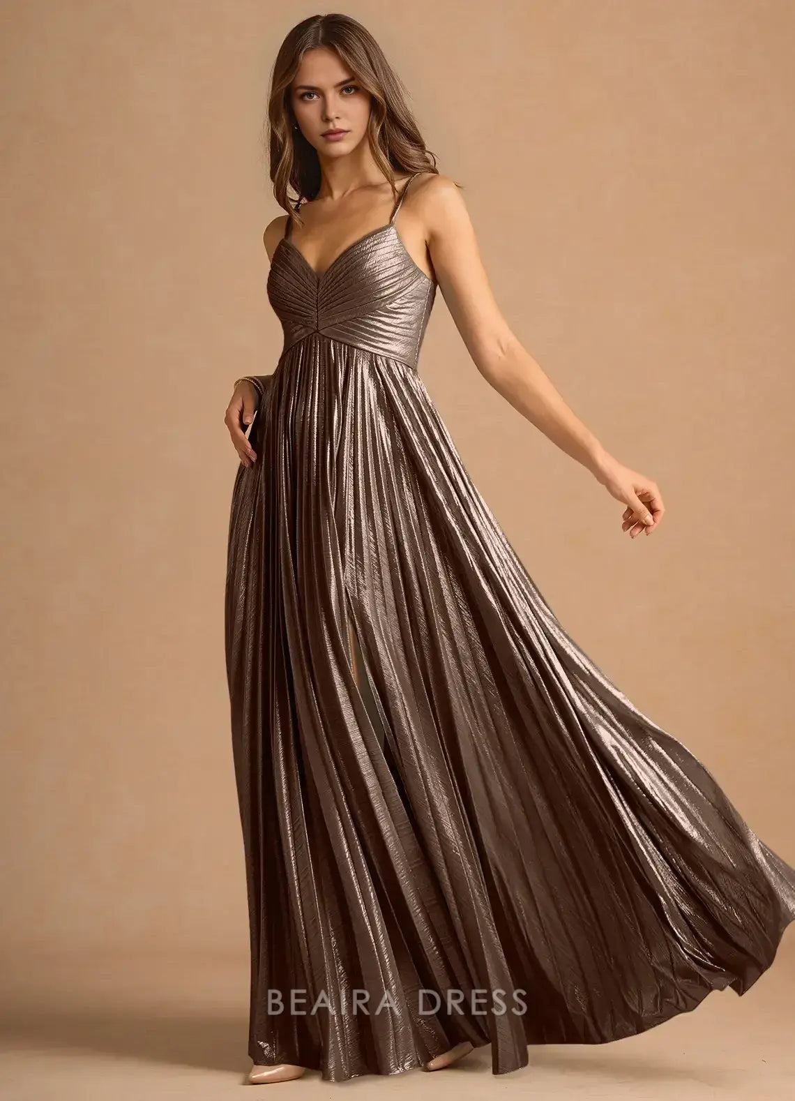 Elegant A-Line Spaghetti Strap Pleated Maxi Dress with Side Slit Prom Dress