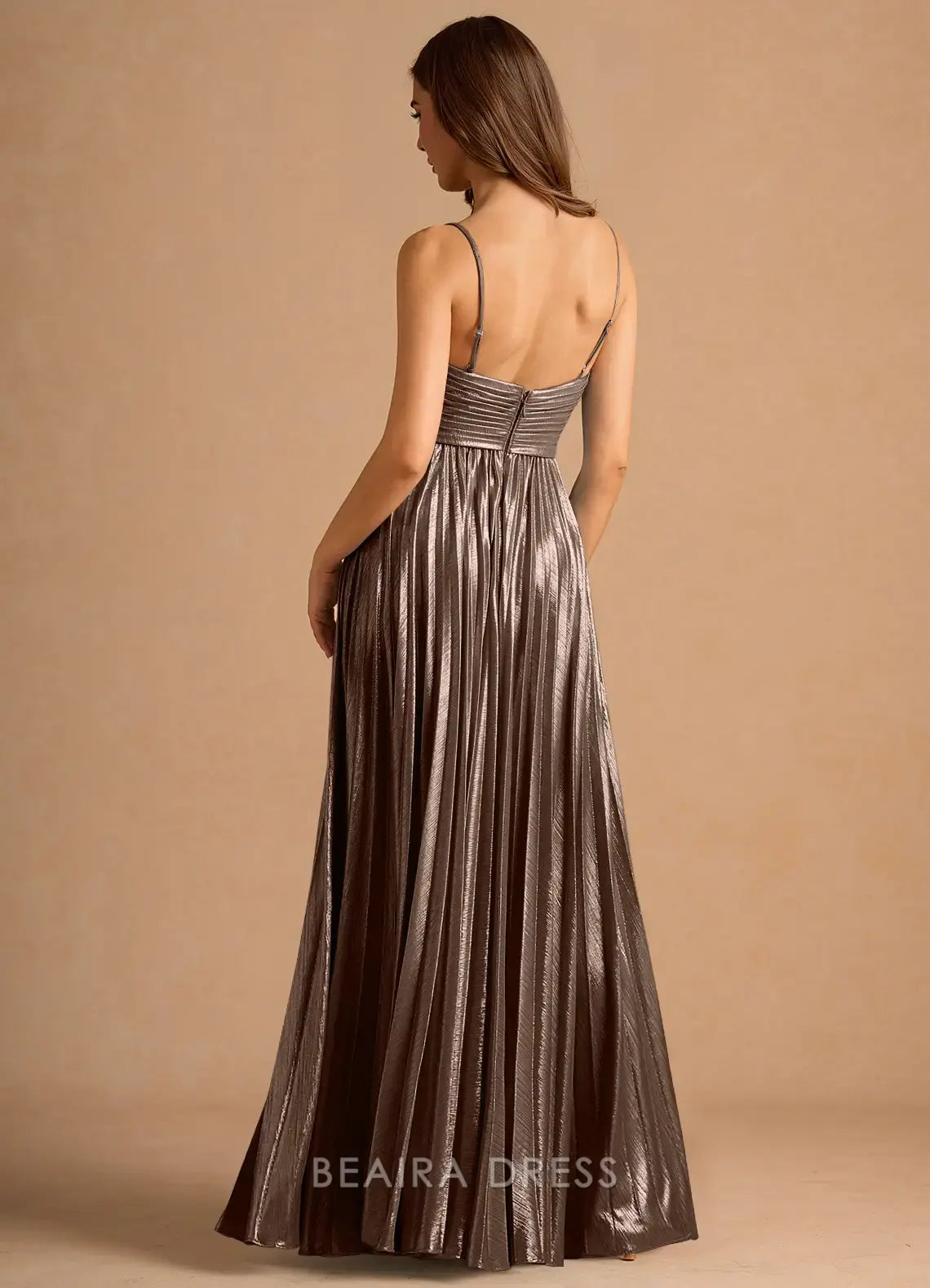 Elegant A-Line Spaghetti Strap Pleated Maxi Dress with Side Slit Prom Dress