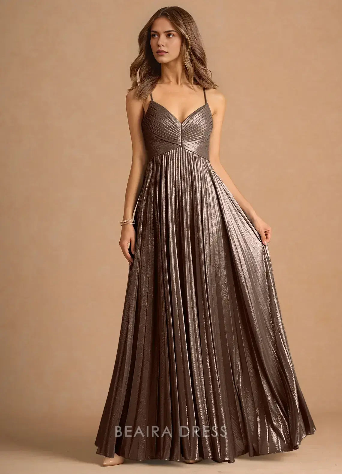 Elegant A-Line Spaghetti Strap Pleated Maxi Dress with Side Slit Prom Dress