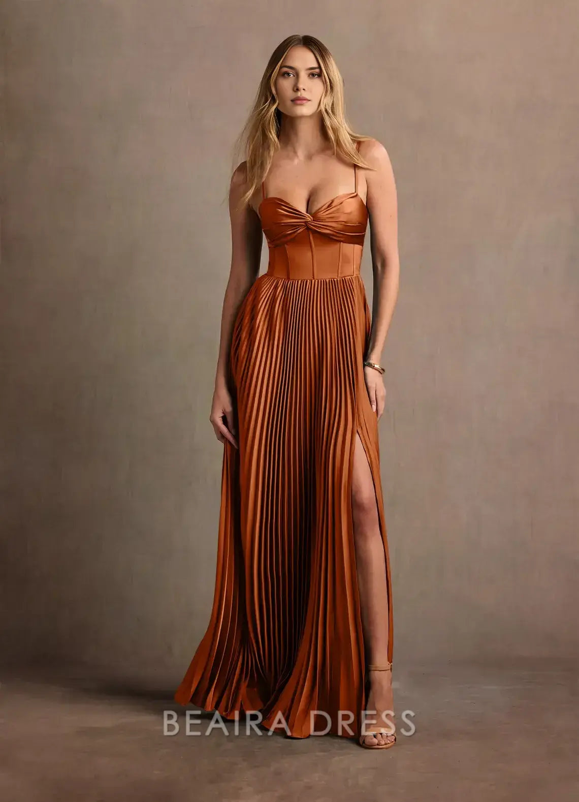 Elegant A-Line Spaghetti Strap Pleated Maxi Dress with Side Slit Prom Dress