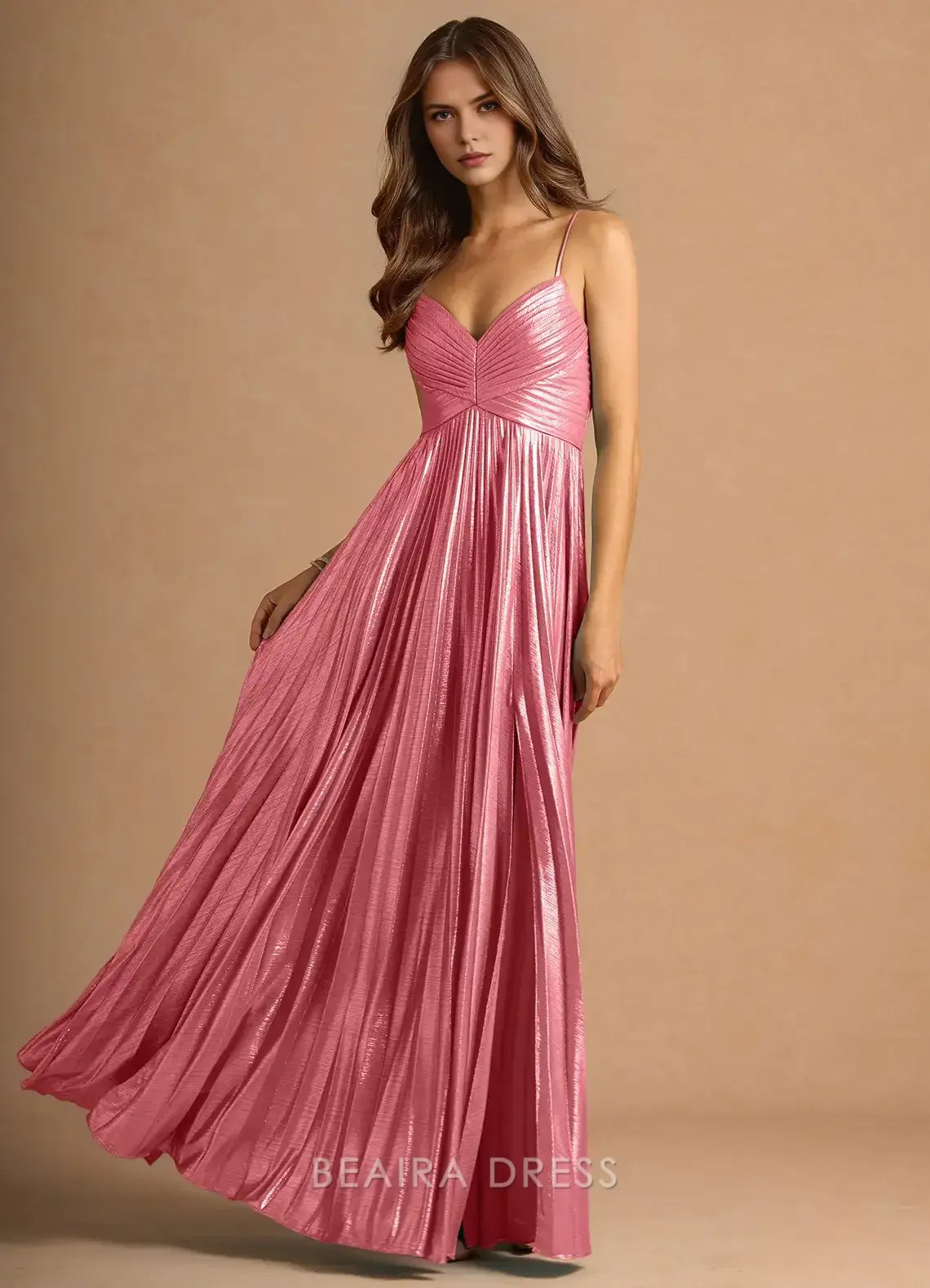 Elegant A-Line Spaghetti Strap Pleated Maxi Dress with Side Slit Prom Dress