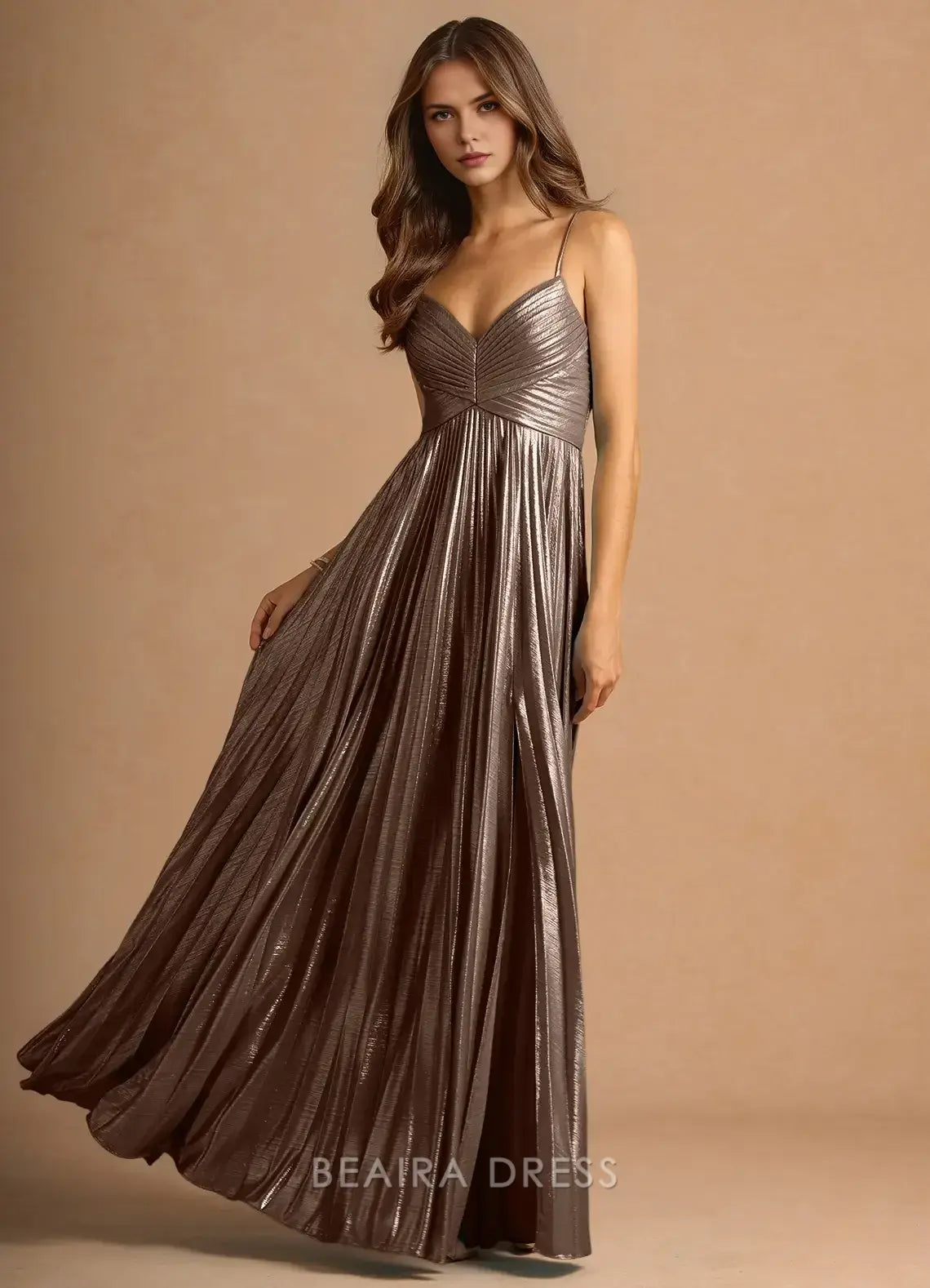 Elegant A-Line Spaghetti Strap Pleated Maxi Dress with Side Slit Prom Dress