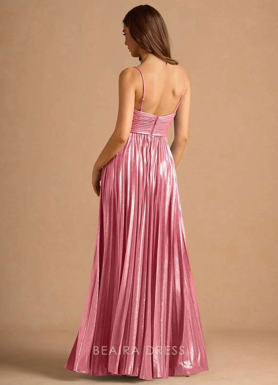 Elegant A-Line Spaghetti Strap Pleated Maxi Dress with Side Slit Prom Dress