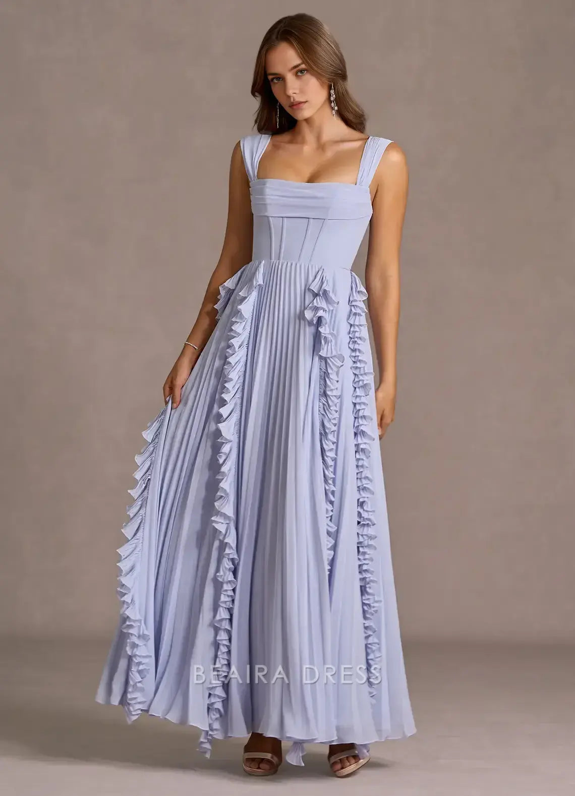 Elegant A-Line Square Neck Ruffled Chiffon Ankle-Length Maxi Dress Prom Dress