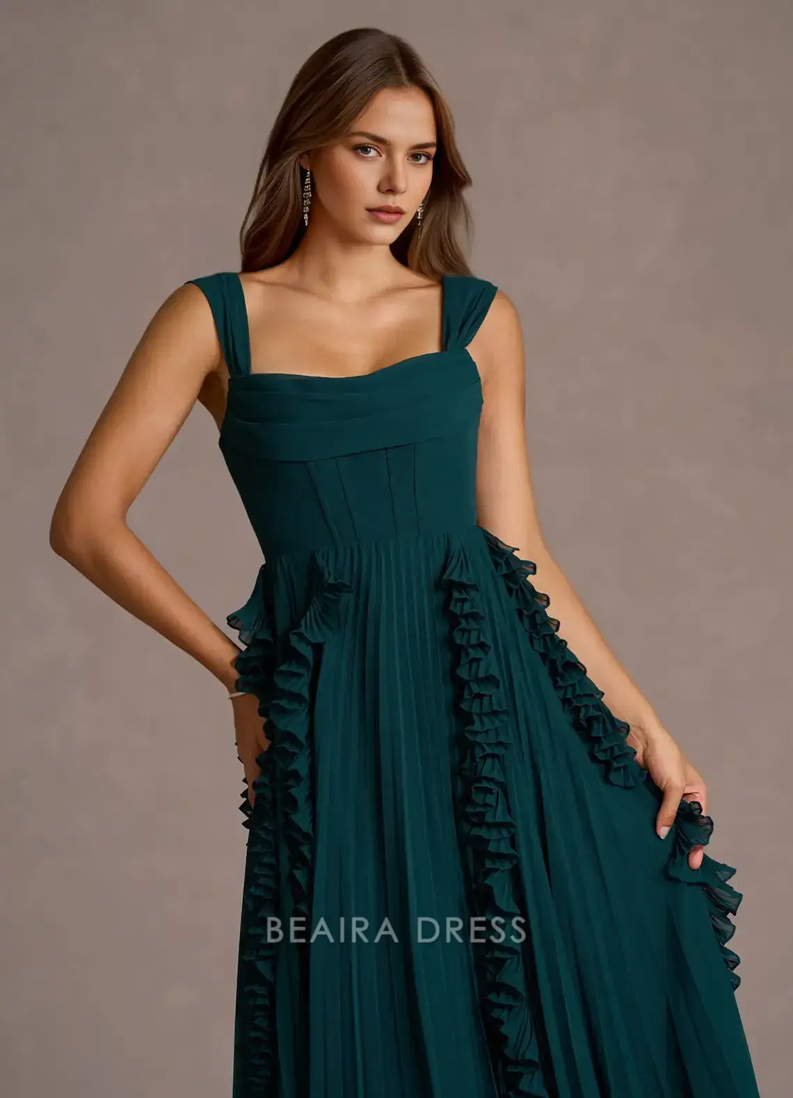 Elegant A-Line Square Neck Ruffled Chiffon Ankle-Length Maxi Dress Prom Dress