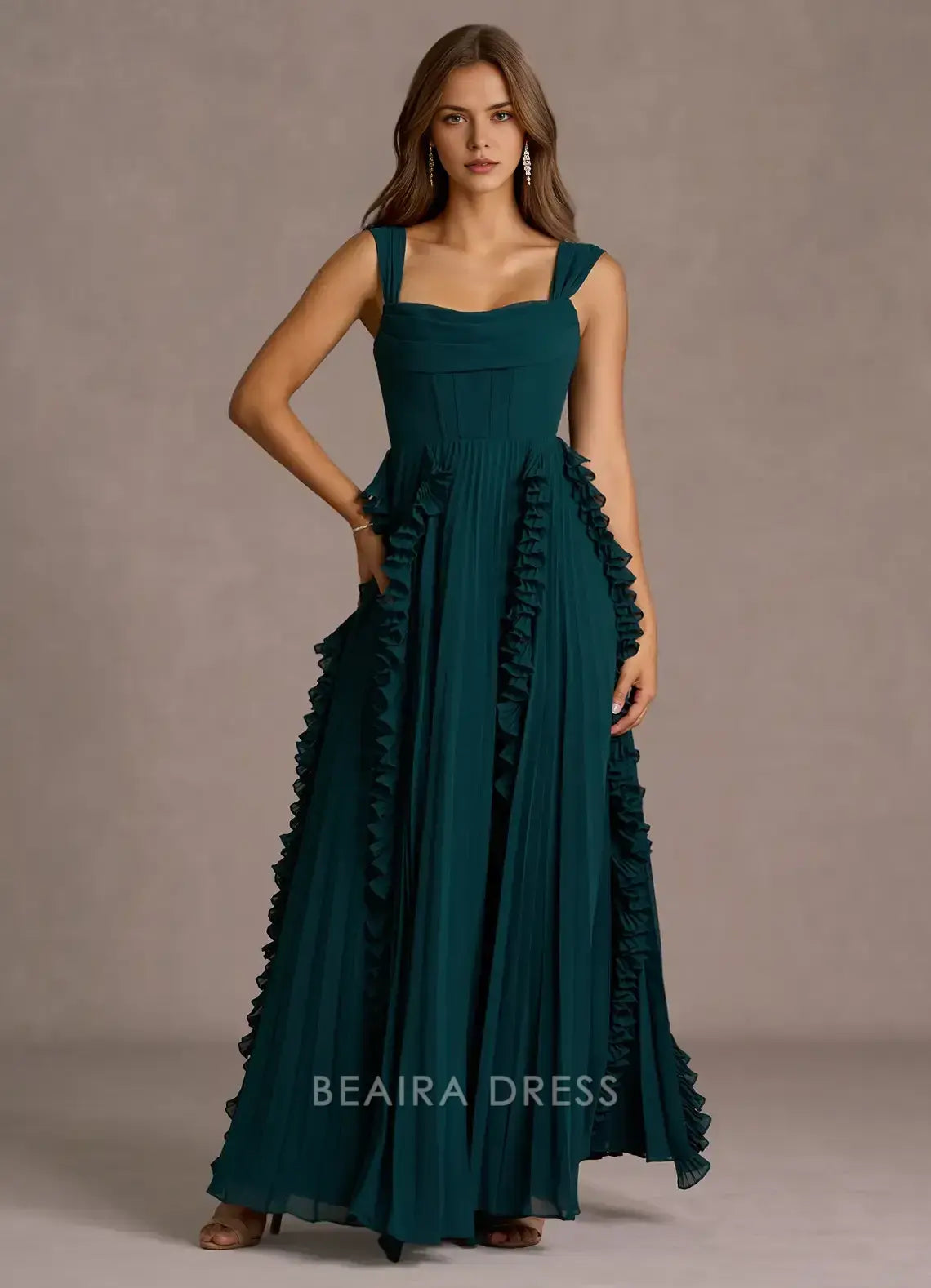Elegant A-Line Square Neck Ruffled Chiffon Ankle-Length Maxi Dress Prom Dress