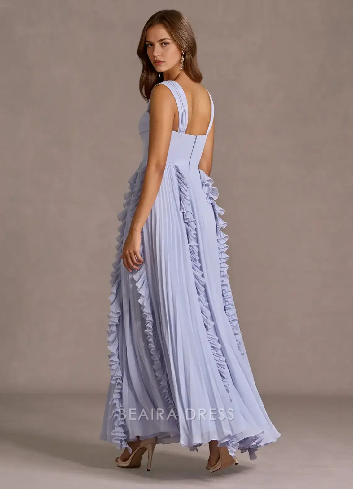 Elegant A-Line Square Neck Ruffled Chiffon Ankle-Length Maxi Dress Prom Dress