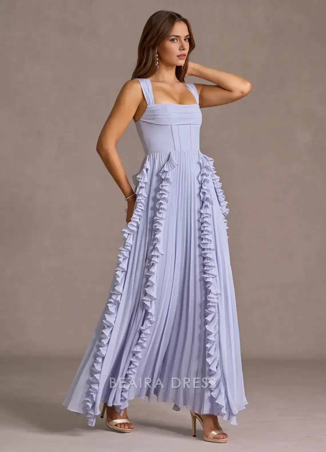 Elegant A-Line Square Neck Ruffled Chiffon Ankle-Length Maxi Dress Prom Dress