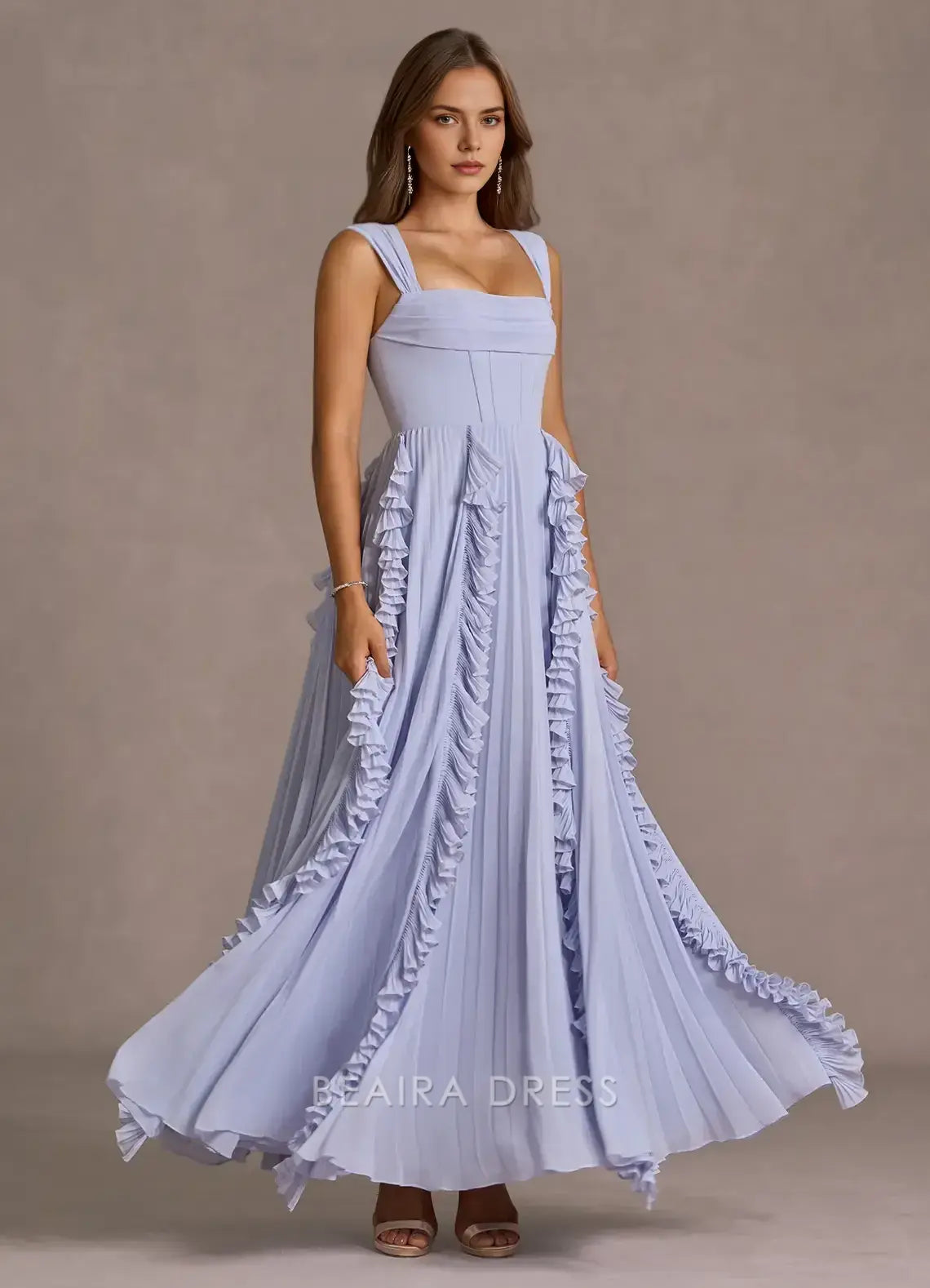 Elegant A-Line Square Neck Ruffled Chiffon Ankle-Length Maxi Dress Prom Dress