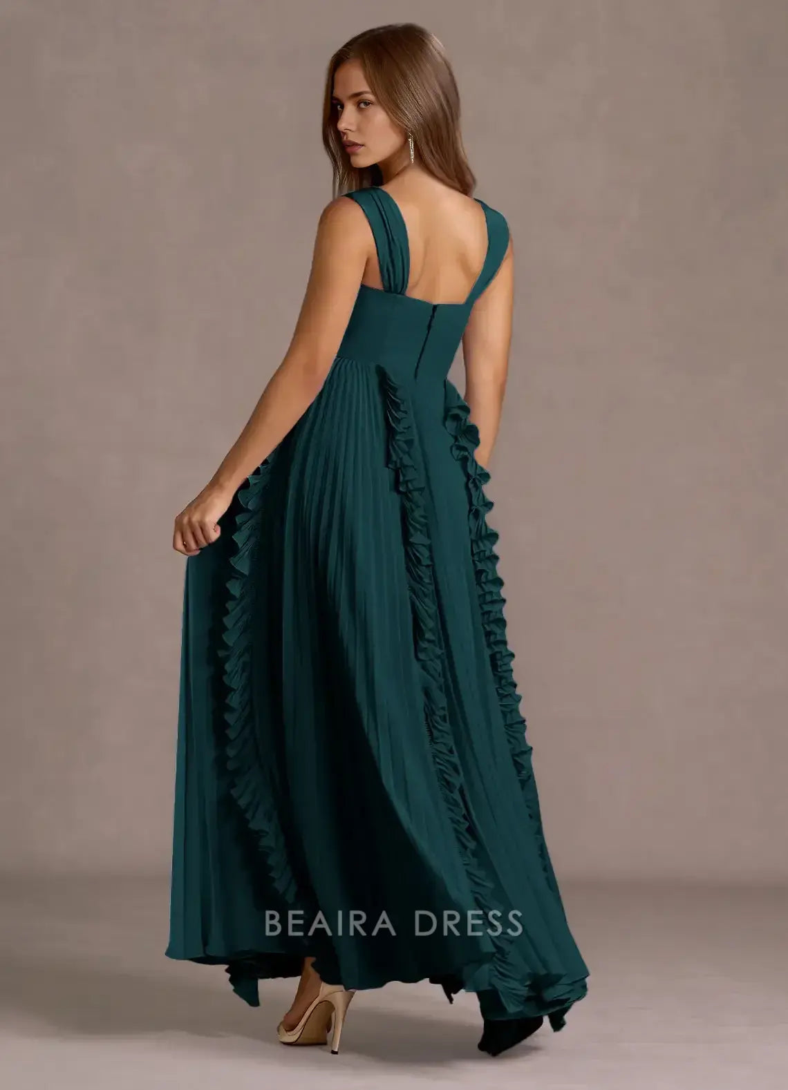 Elegant A-Line Square Neck Ruffled Chiffon Ankle-Length Maxi Dress Prom Dress