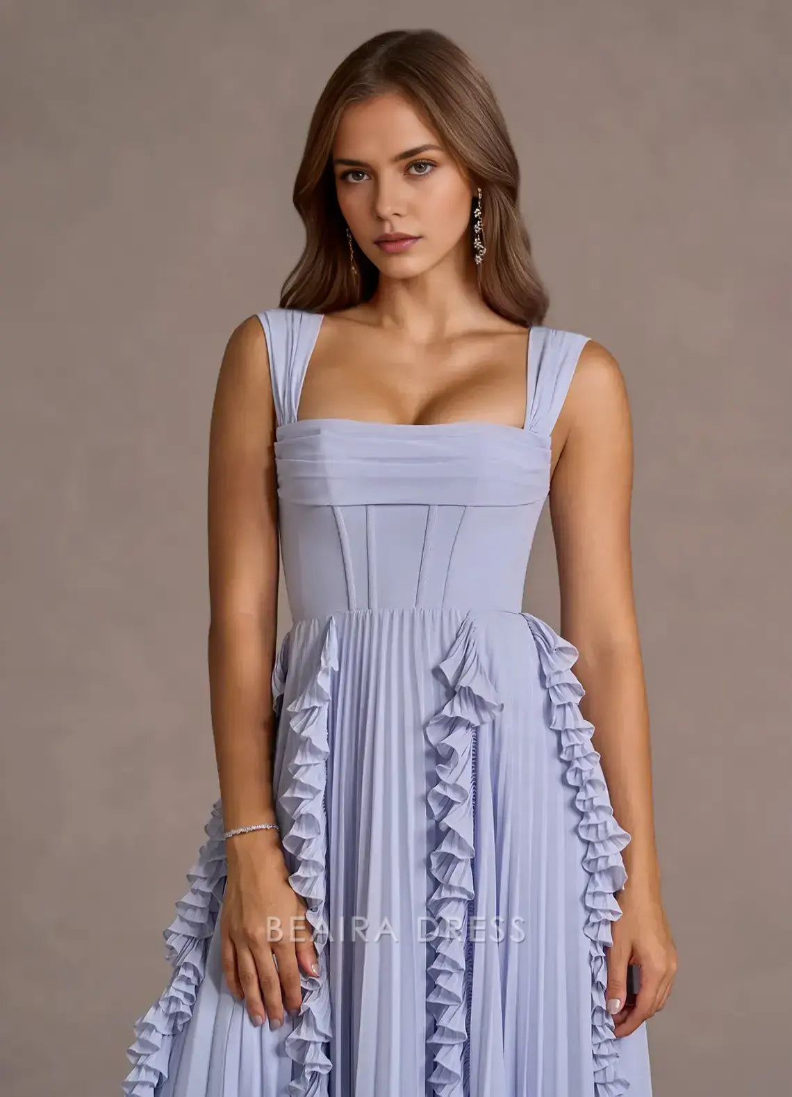 Elegant A-Line Square Neck Ruffled Chiffon Ankle-Length Maxi Dress Prom Dress