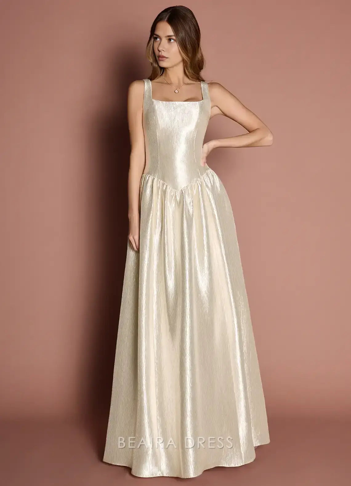Elegant A-Line Square Neck Shimmering Maxi Dress with Pockets Prom Dress