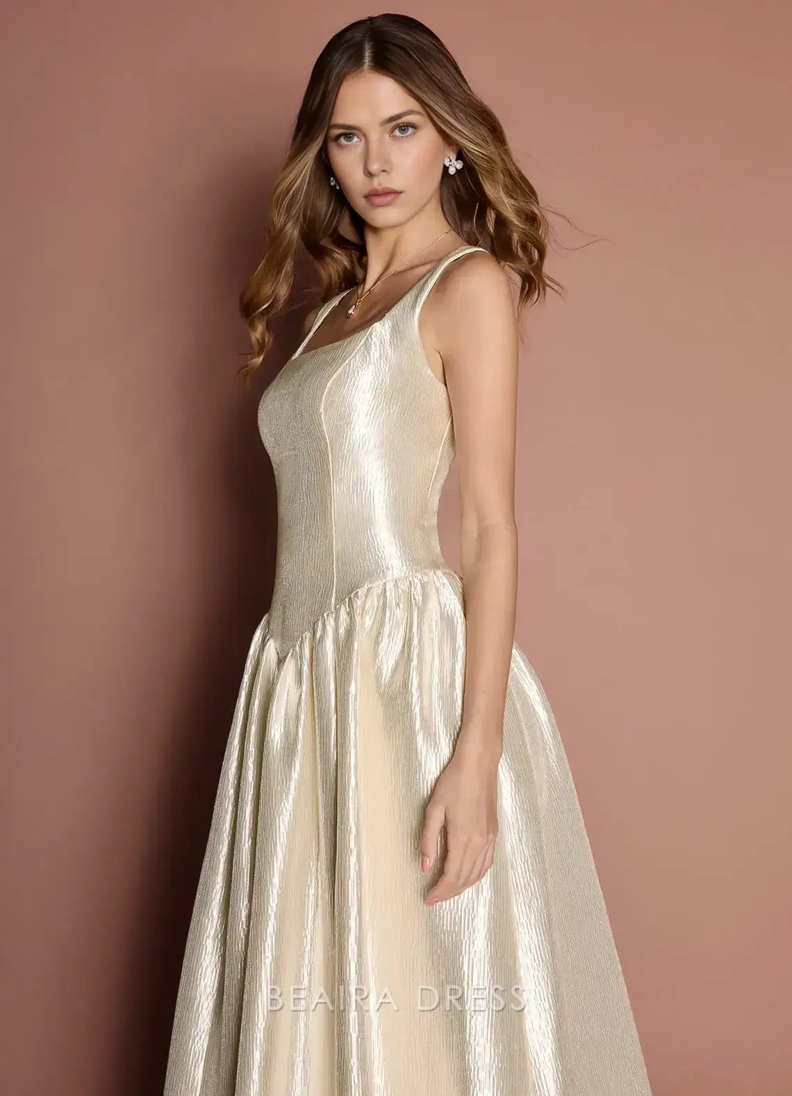 Elegant A-Line Square Neck Shimmering Maxi Dress with Pockets Prom Dress