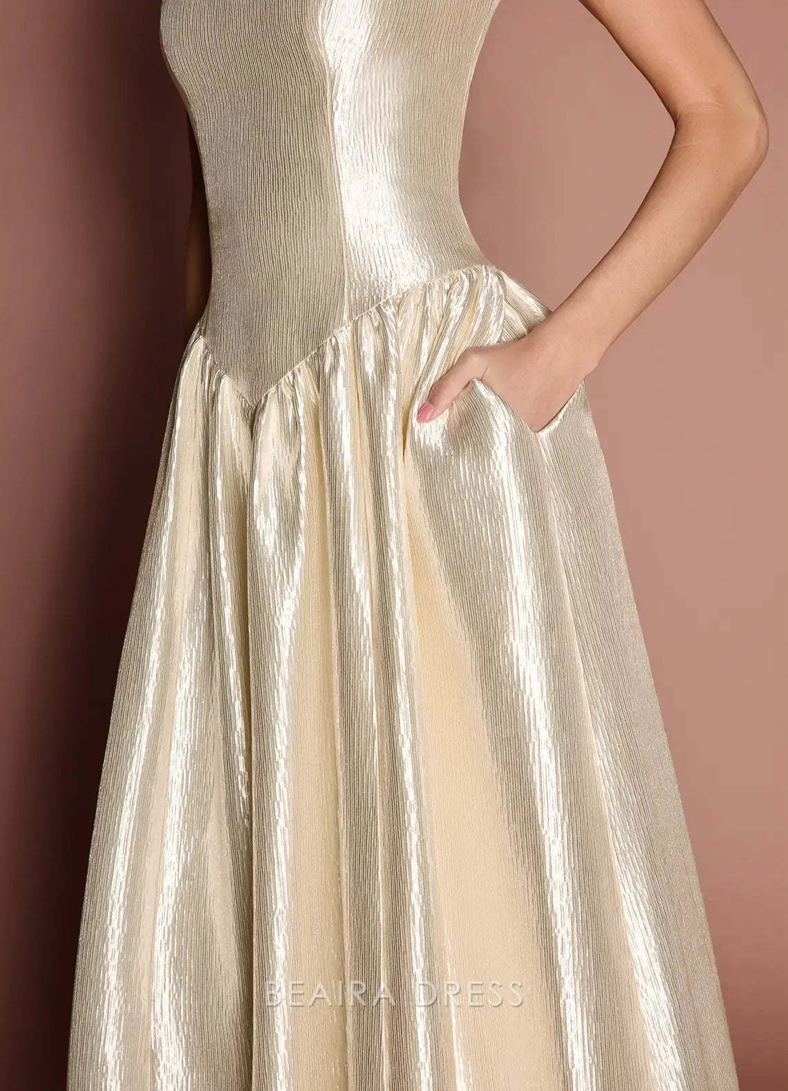 Elegant A-Line Square Neck Shimmering Maxi Dress with Pockets Prom Dress