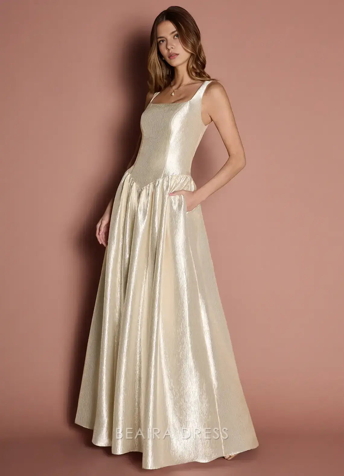 Elegant A-Line Square Neck Shimmering Maxi Dress with Pockets Prom Dress