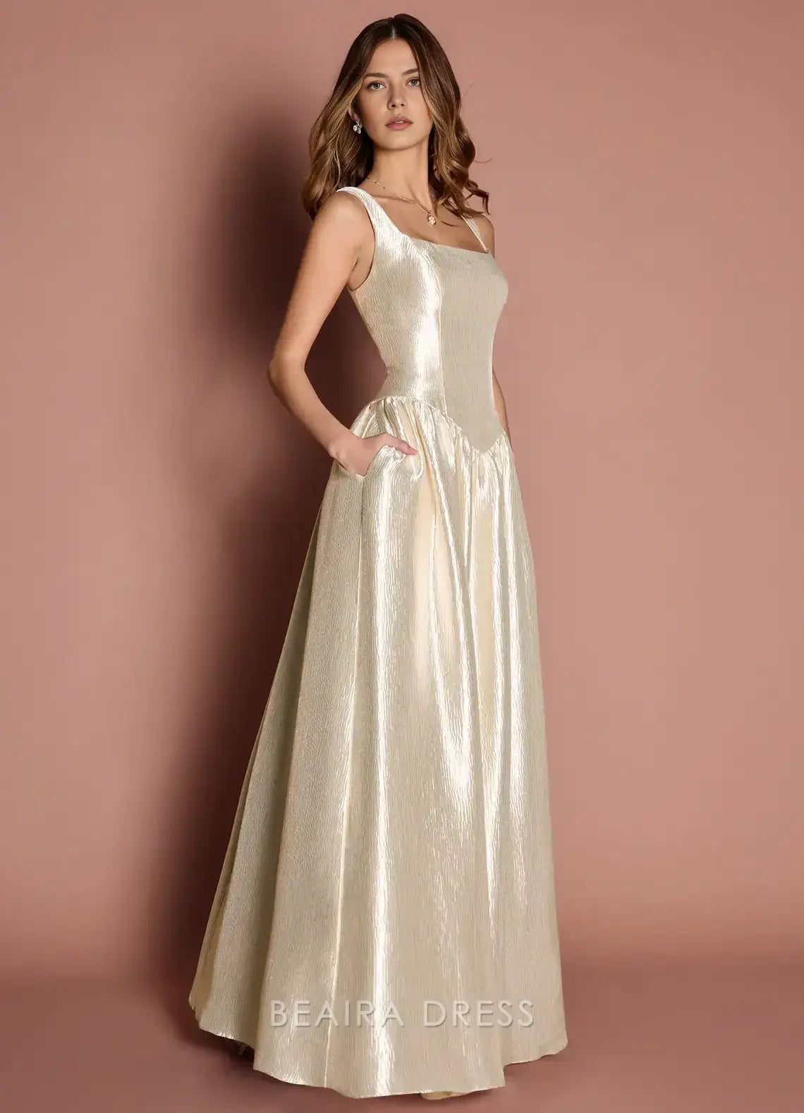 Elegant A-Line Square Neck Shimmering Maxi Dress with Pockets Prom Dress