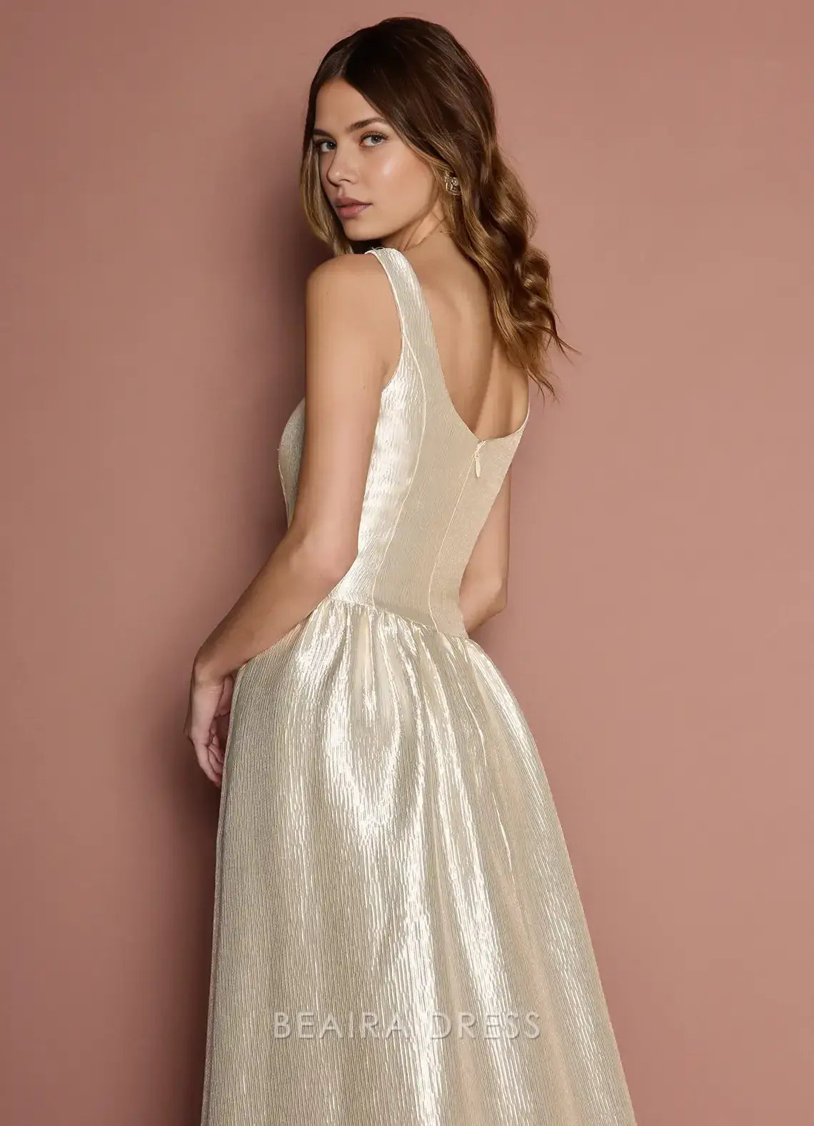 Elegant A-Line Square Neck Shimmering Maxi Dress with Pockets Prom Dress