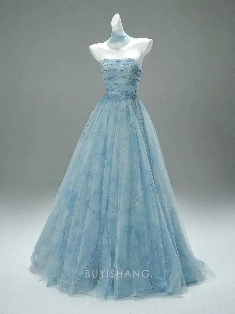 Elegant A-Line Strapless Beaded Tulle Ball Gown with Choker Detail Prom Dress