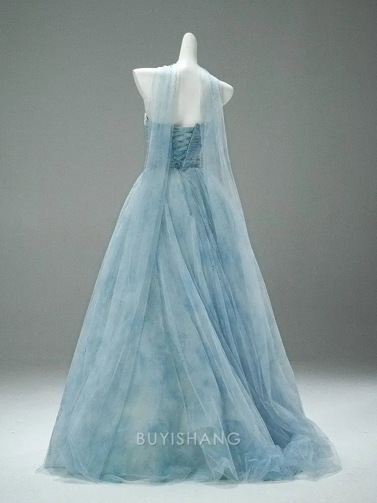 Elegant A-Line Strapless Beaded Tulle Ball Gown with Choker Detail Prom Dress