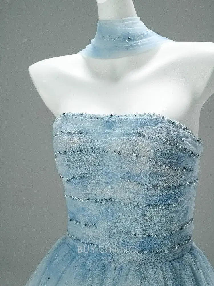 Elegant A-Line Strapless Beaded Tulle Ball Gown with Choker Detail Prom Dress