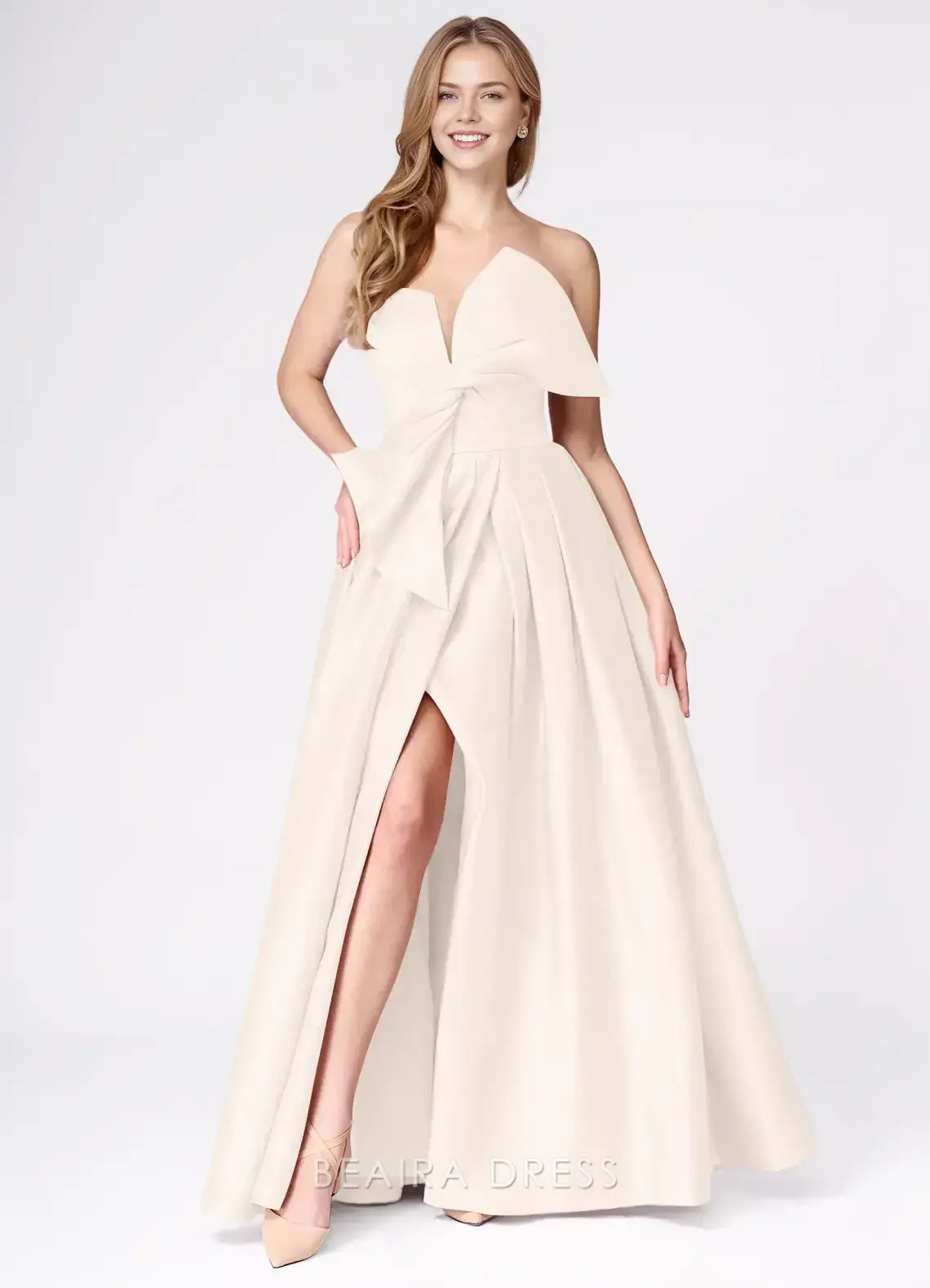 Elegant A-Line Strapless Bow - Detailed Satin Maxi Dress with Side Slit Prom Dress